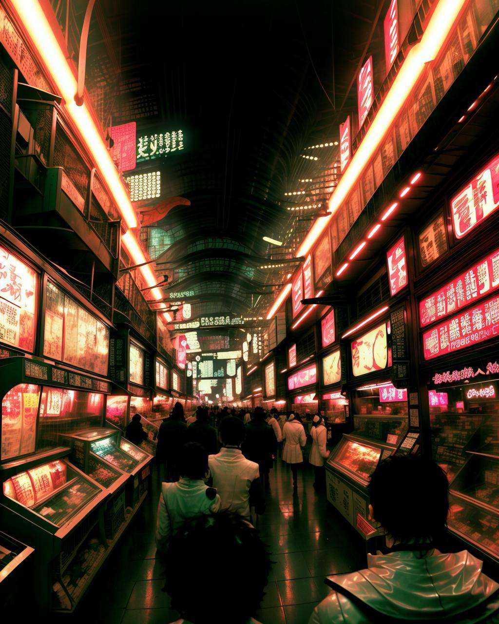 a store with a lot of machines and a lot of people in it and a lot of people in the store,  CYBERPUNK ,  blade runner on T...