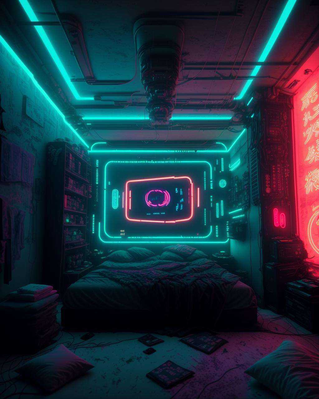 a room with a large screen and a bed in it with a silver light on the wall and a neon mustard light on the ceiling,  Beepl...
