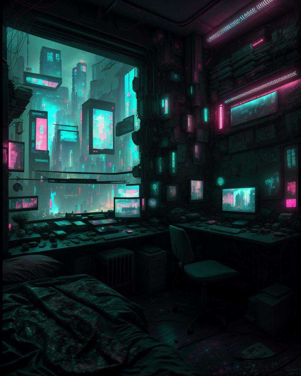 a bedroom with a bed,  desk,  and computer monitor in it with a city view outside the window on Tensor.Art