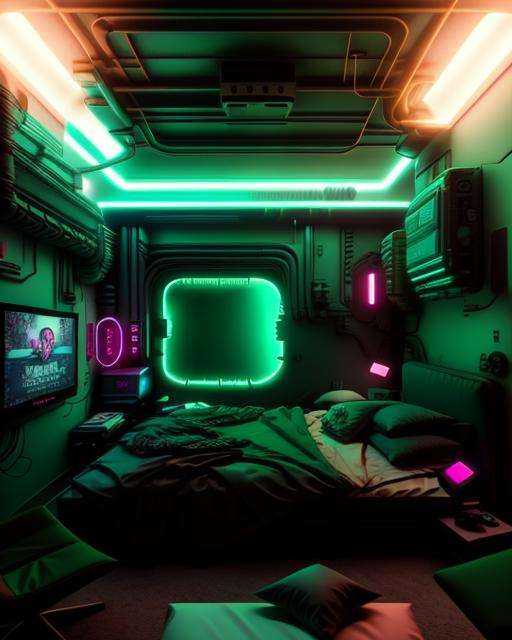 a room with a large screen and a bed in it with a green light on the wall and a neon green light on the ceiling,  Beeple,...