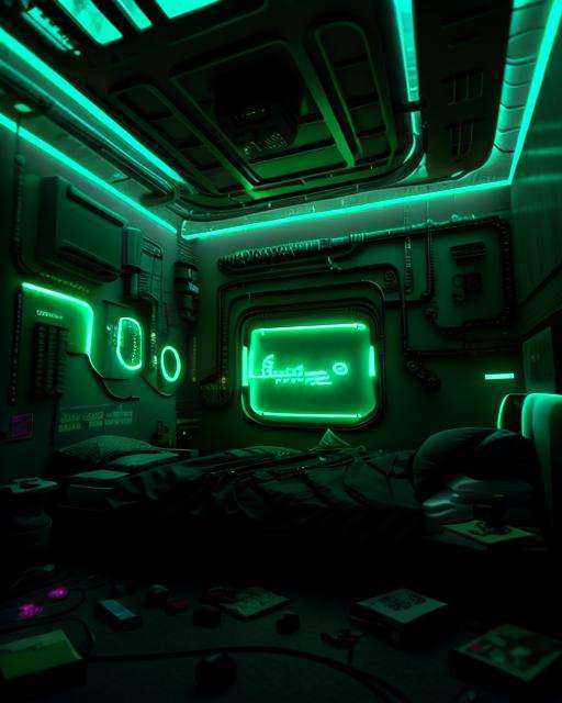 a room with a large screen and a bed in it with a green light on the wall and a neon green light on the ceiling,  Beeple,...