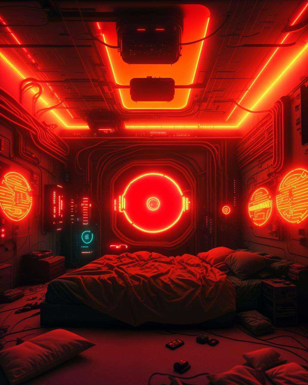 a room with a large screen and a bed in it with a safety-orange light on the wall and a neon goldenrod light on the ceilin...
