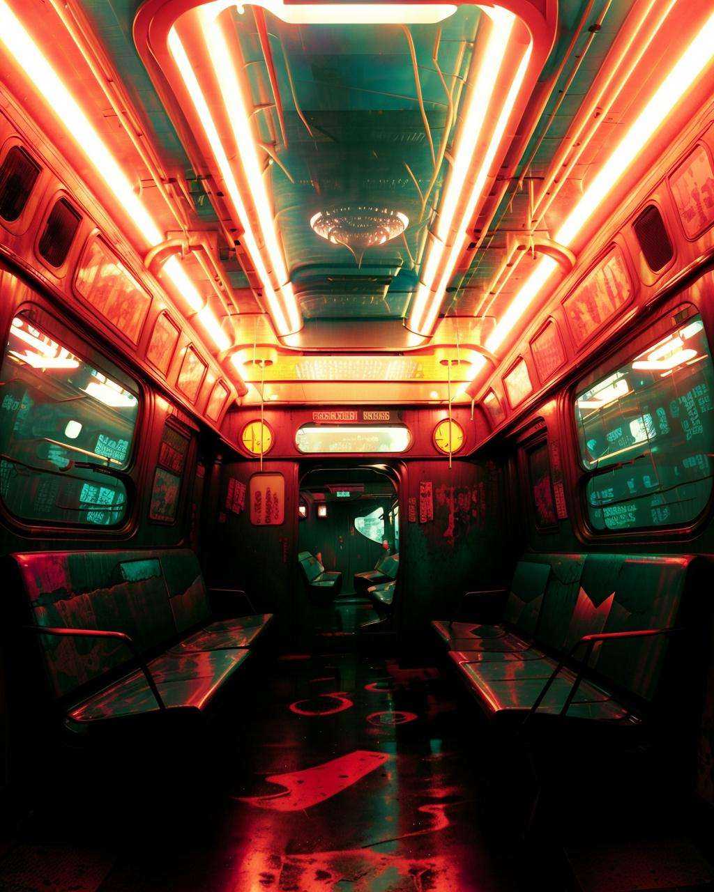 a subway car with a lot of seats and a window with a view of the city,  Elsa Bleda,  cyberpunk style on Tensor.Art