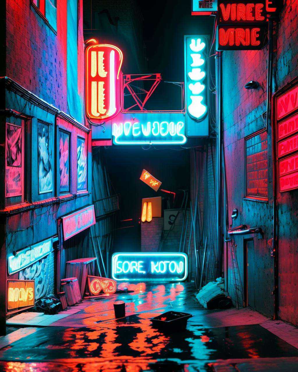 a wet street with neon signs and a neon sign on the side of the road on Tensor.Art