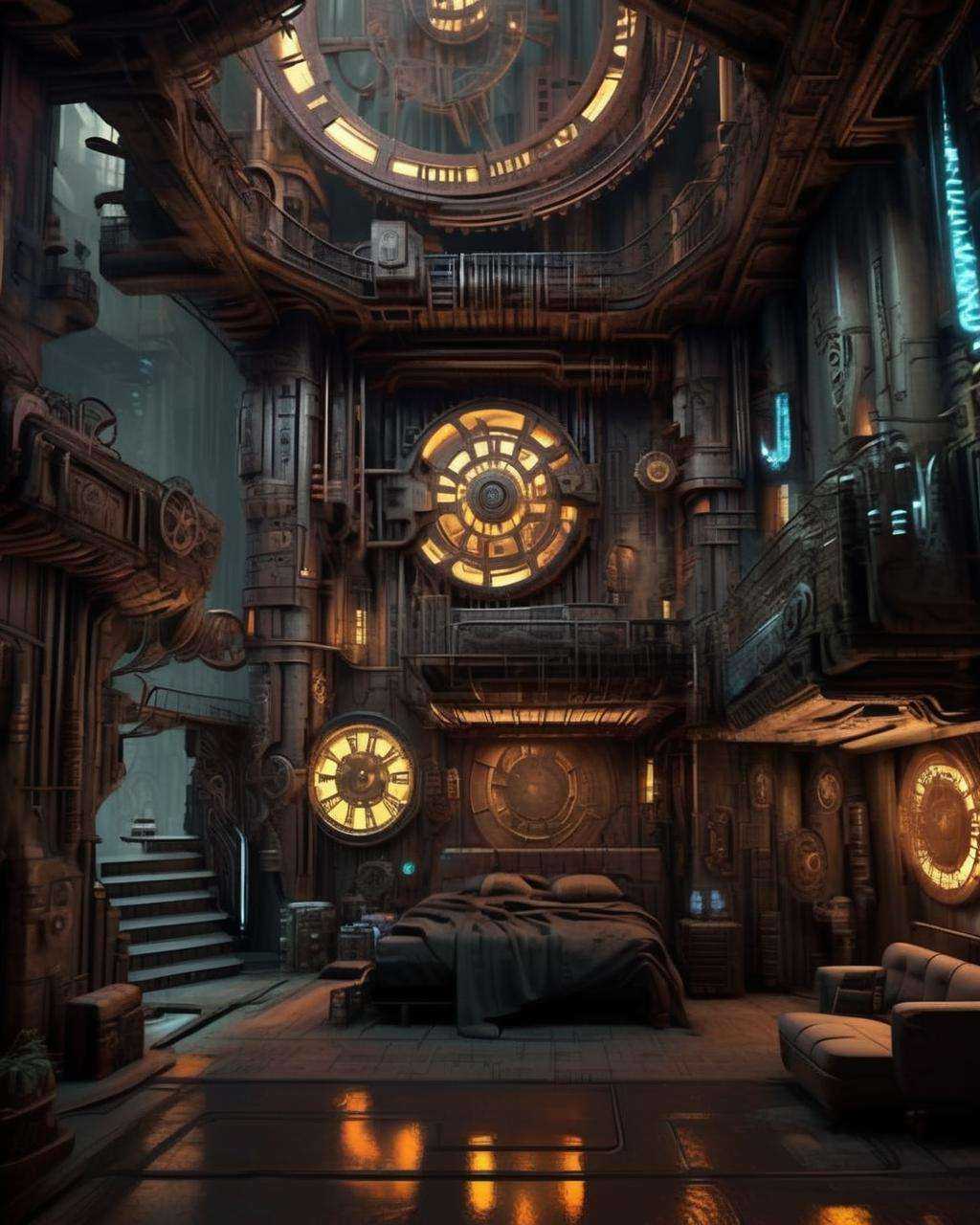 a cyberpunk interior design ,  A clockwork city is powered by an enormous,  rotating mechanism at its core on Tensor.Art