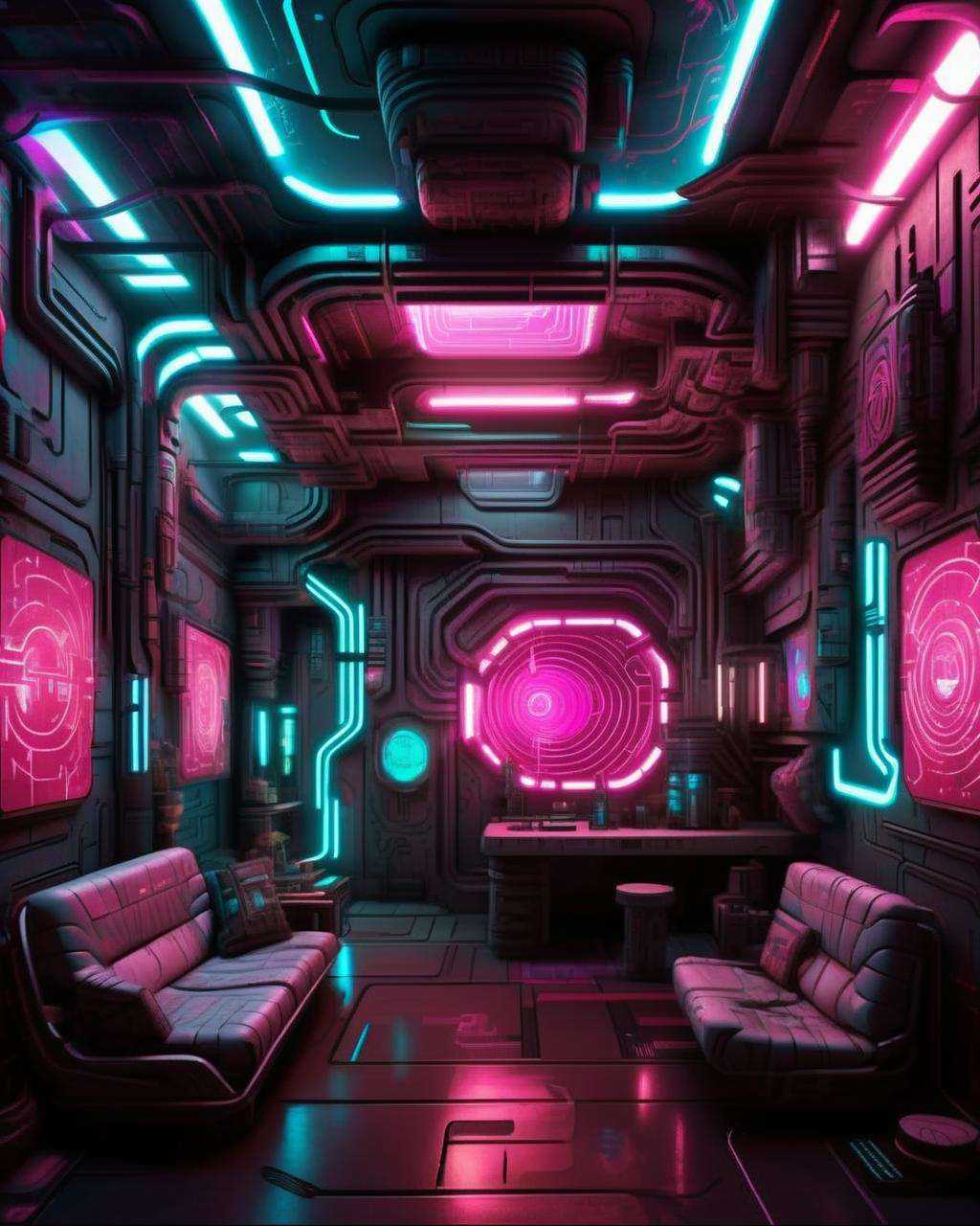 a cyberpunk interior design ,  In a labyrinthine space station,  gravity-defying walkways lead to chambers adorned with ho...