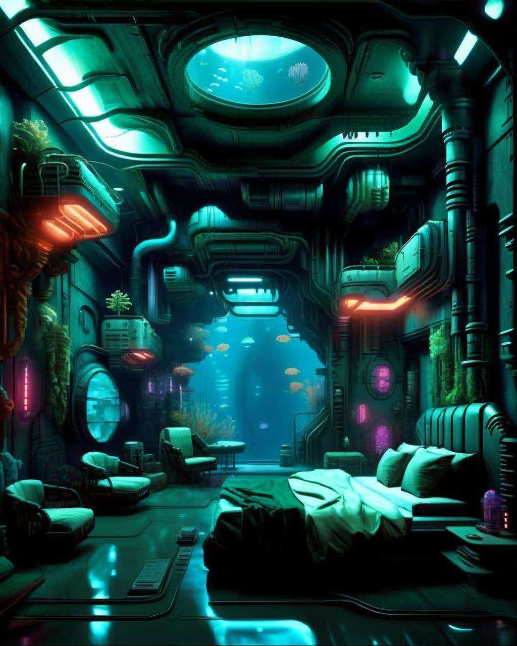 (a cyberpunk interior design ),  Subterranean hydroplex,  an underwater colony with bioluminescent coral gardens and press...