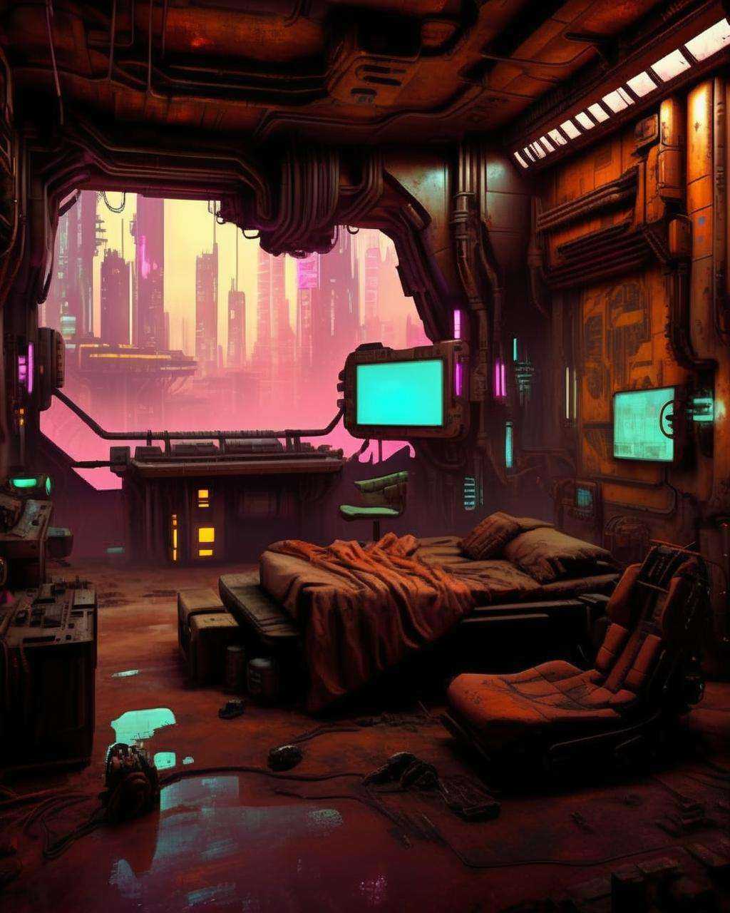 (a cyberpunk interior design ),  Techno-wasteland,  a desolate landscape of rusted robotics and malfunctioning machinery....