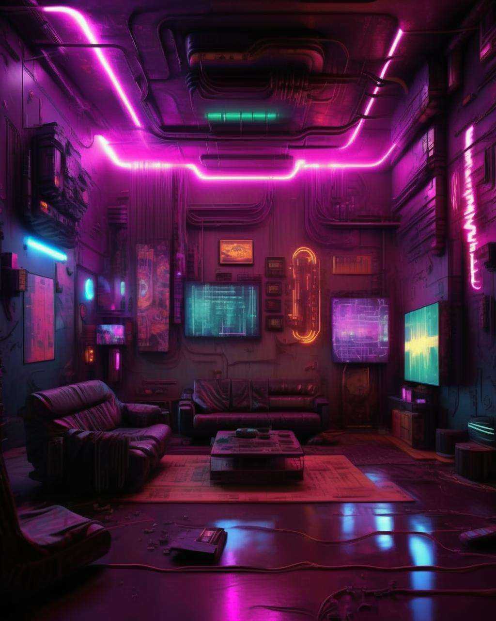(a cyberpunk interior design ),  Magnetic stormfront,  an electrifying tempest of charged particles crackling across a dar...