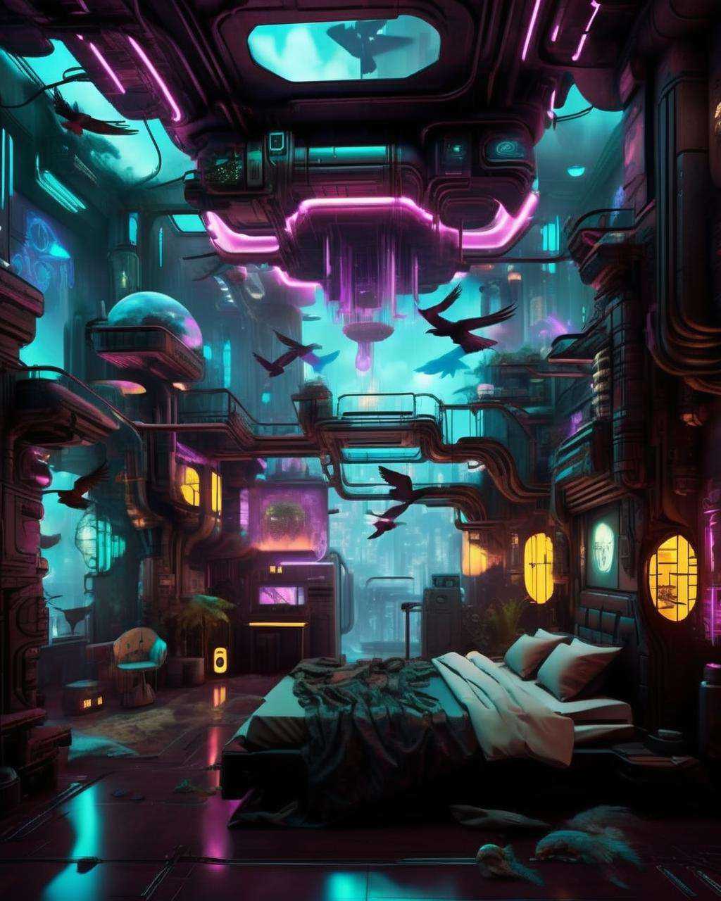 (a cyberpunk interior design ),  Celestial aviary,  floating islands where biomechanical birds glide through clouds of lum...