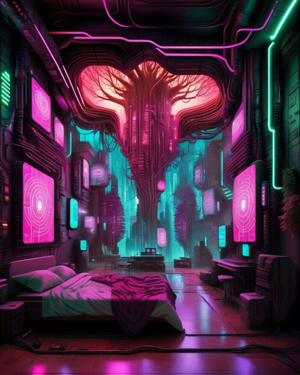 a cyberpunk interior design ,  A colossal tree of interconnected servers forms the heart of a digital realm,  where avatar...