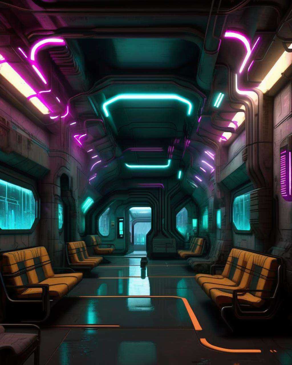 a cyberpunk interior design ,  A subterranean transit hub features maglev trains that navigate through tunnels adorned wit...