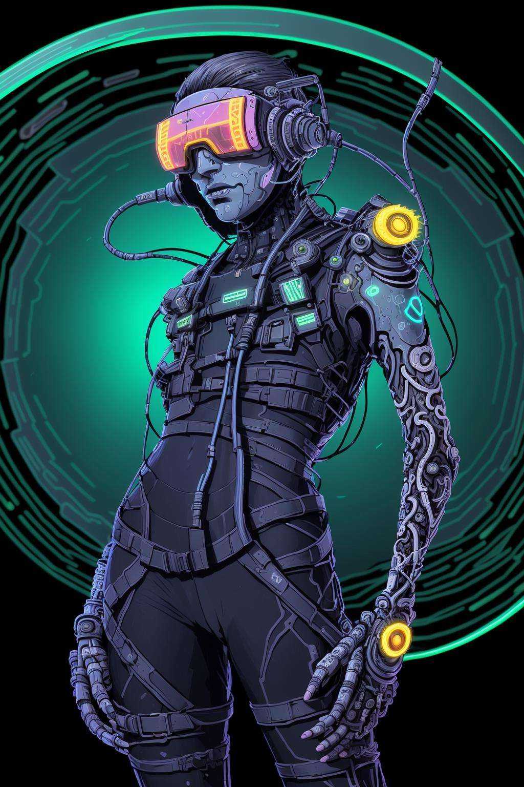 anime style ,  Psychedelic net dive,  a cyber-surfer navigating through a web of neon-lit data streams on Tensor.Art