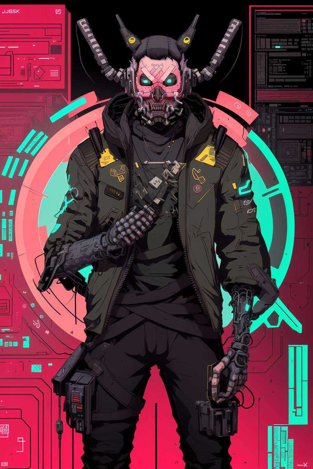 anime style ,  Data heist,  a cybernetic thief jacks into a secured mainframe on Tensor.Art