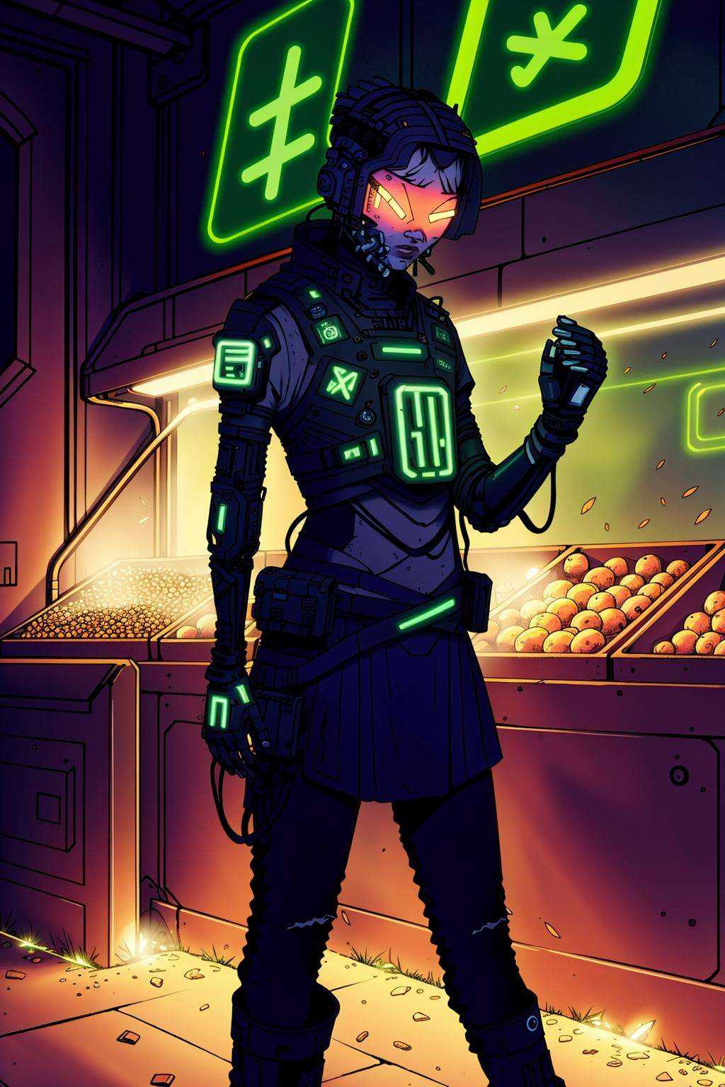 Subterranean market,  merchants peddling bio-enhancements,  their stalls illuminated by pulsating bioluminescent fungi. on...