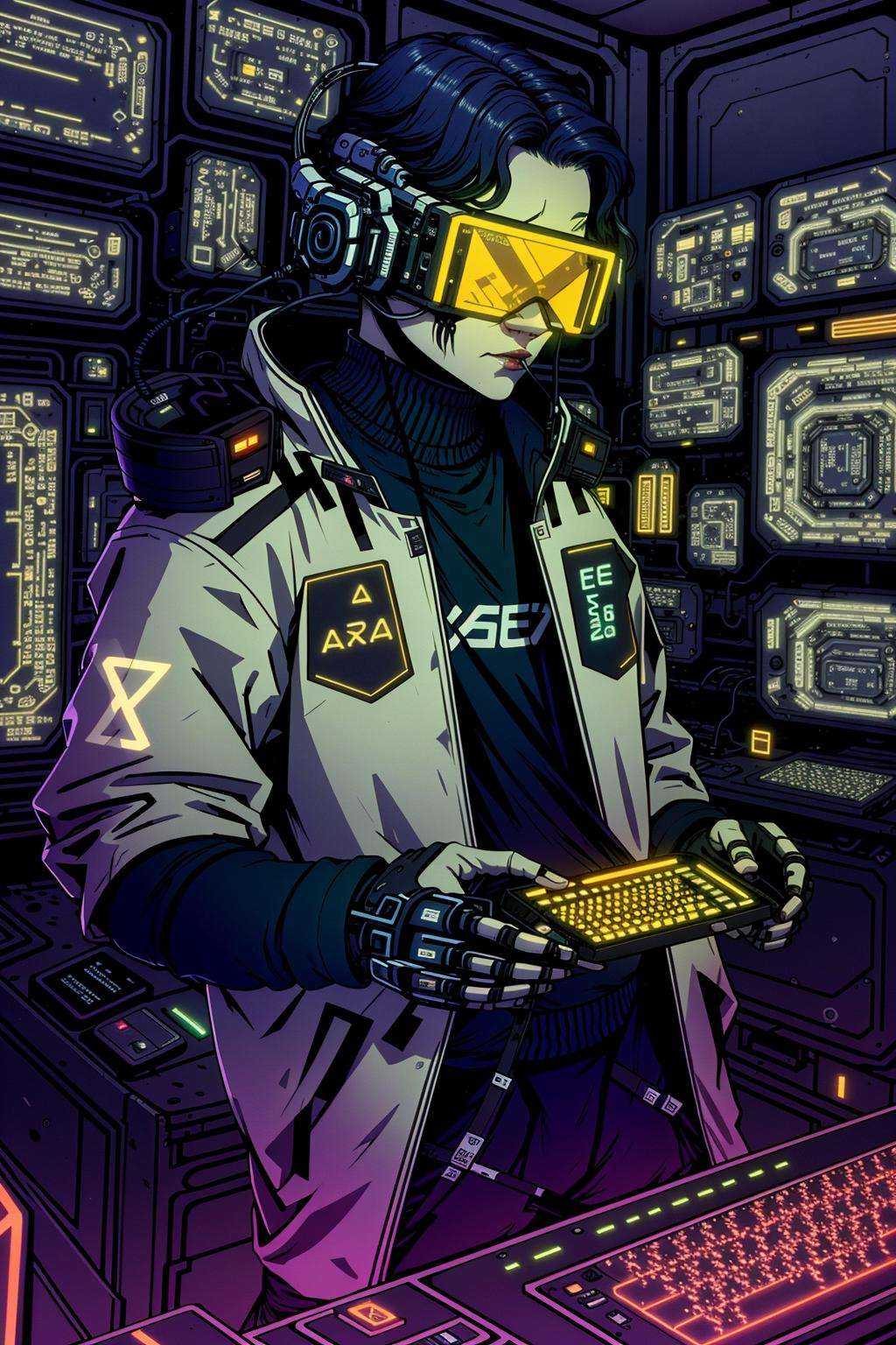 Hacker's den,  a dimly lit room filled with vintage computers and towering holographic screens,  a sanctuary of code and c...