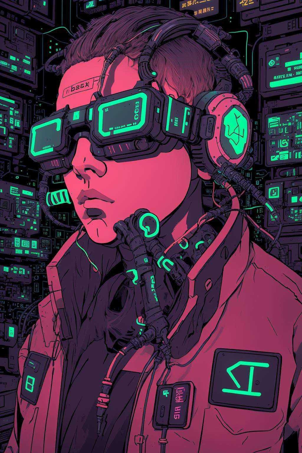 Virtual reality den,  neon-hued cables connecting to headsets,  users lost in a realm where data and dreams intertwine. on...