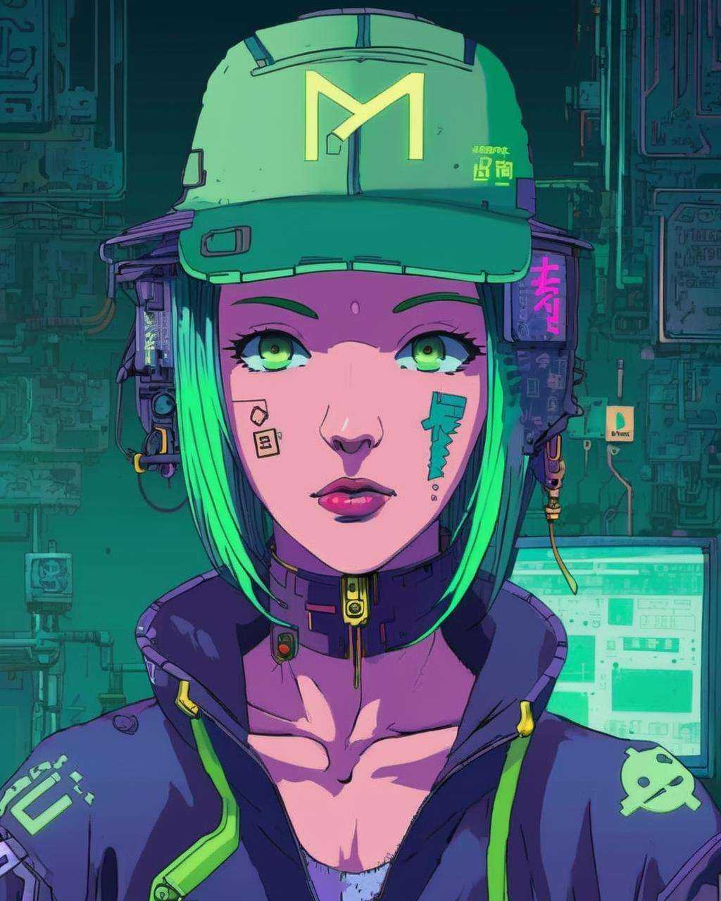 anime,  a woman with green hair and a green hat ,  cyberpunk on Tensor.Art