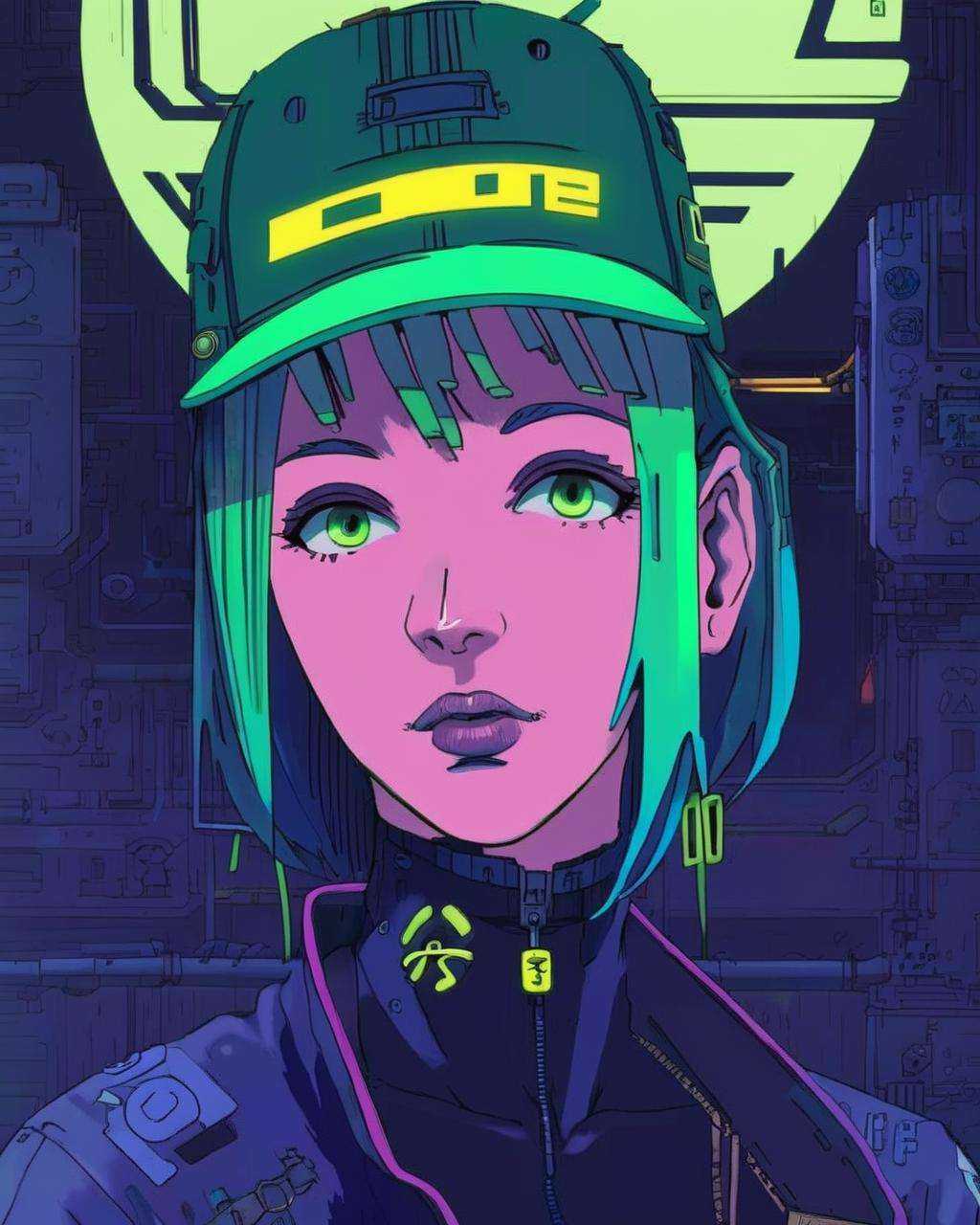 anime,  a woman with green hair and a green hat ,  cyberpunk on Tensor.Art