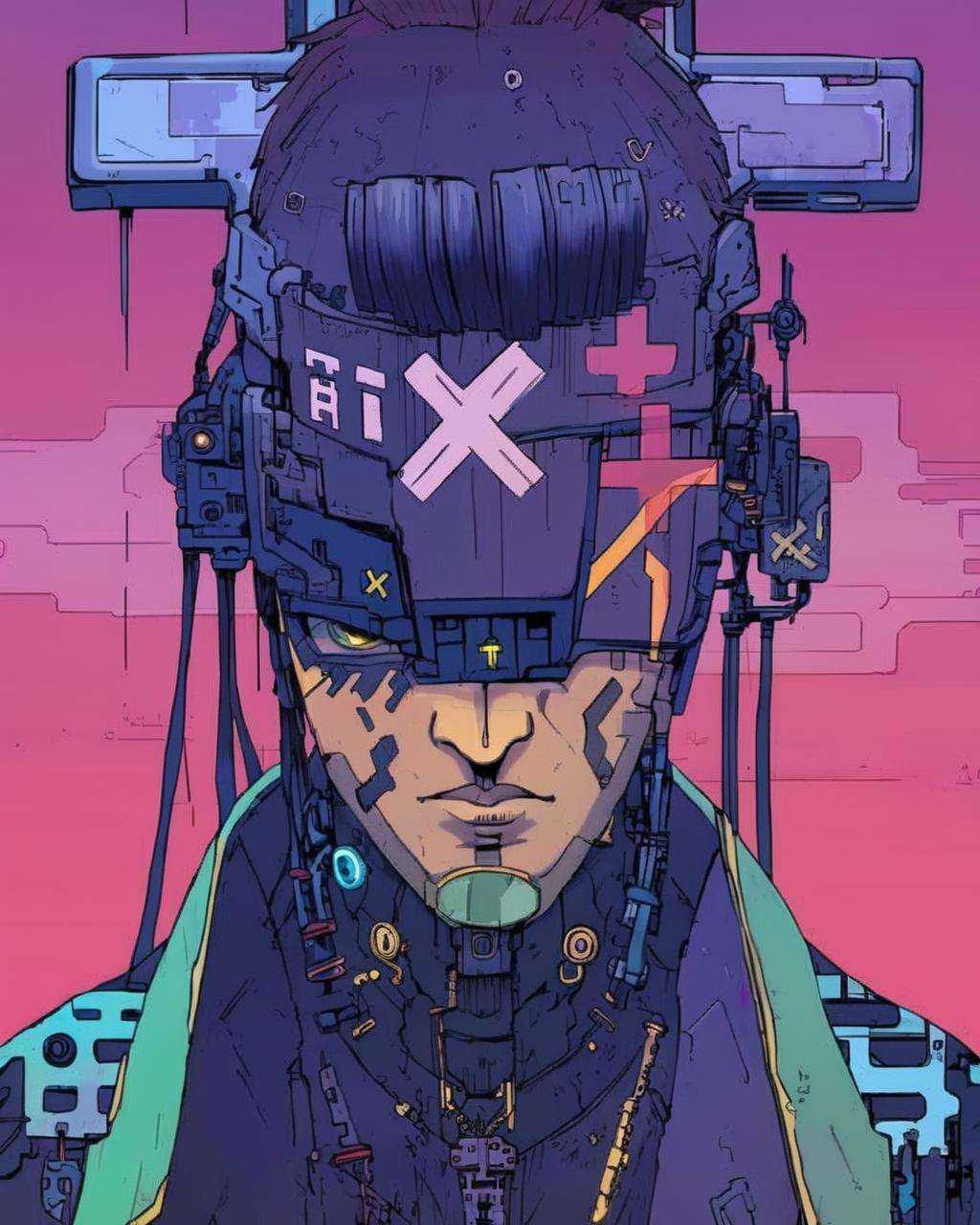 anime,  a man with a cross on his forehead ,  cyberpunk on Tensor.Art