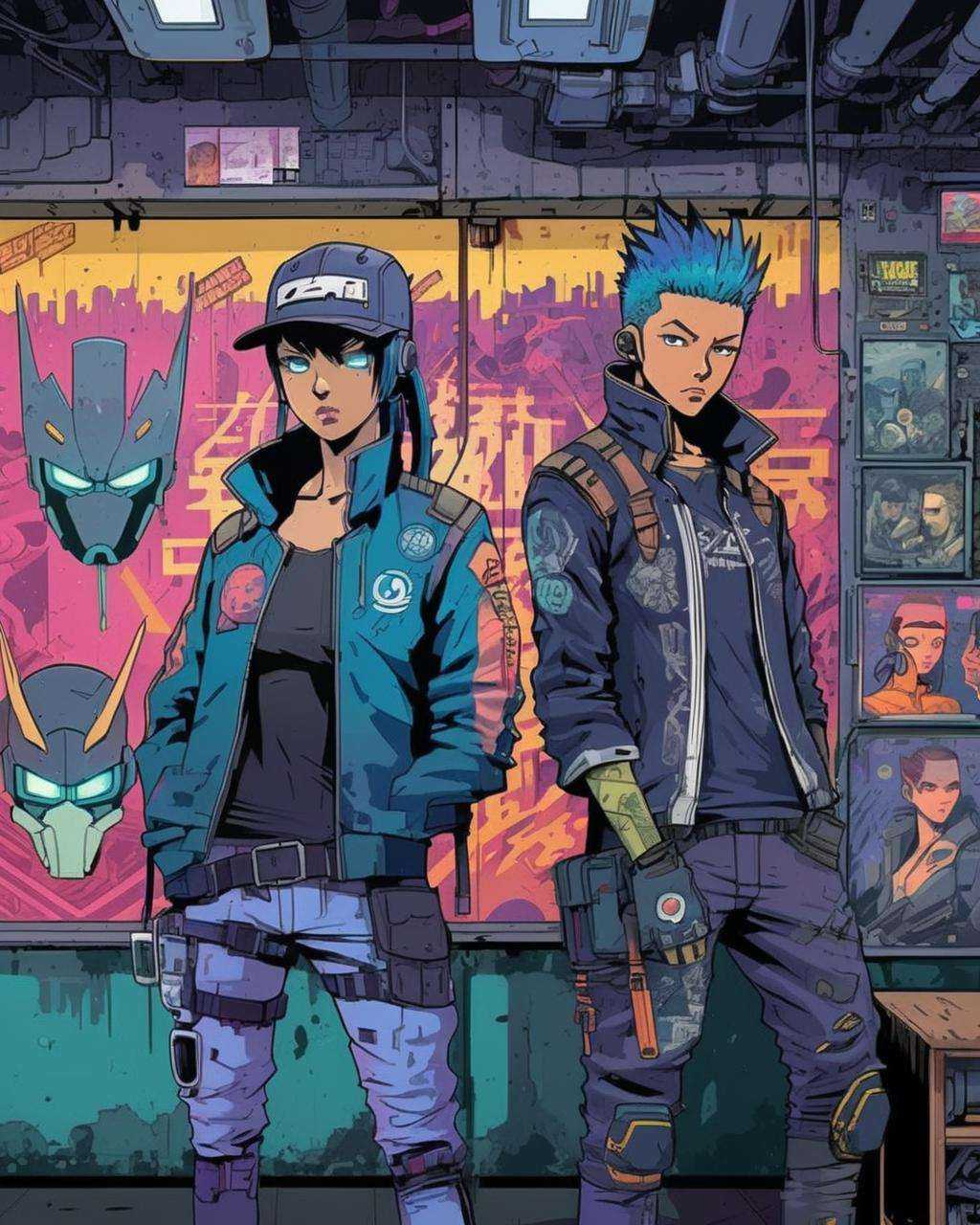 anime,  Underground resistance HQ,  a gritty comics-style mural adorning the hidden walls on Tensor.Art