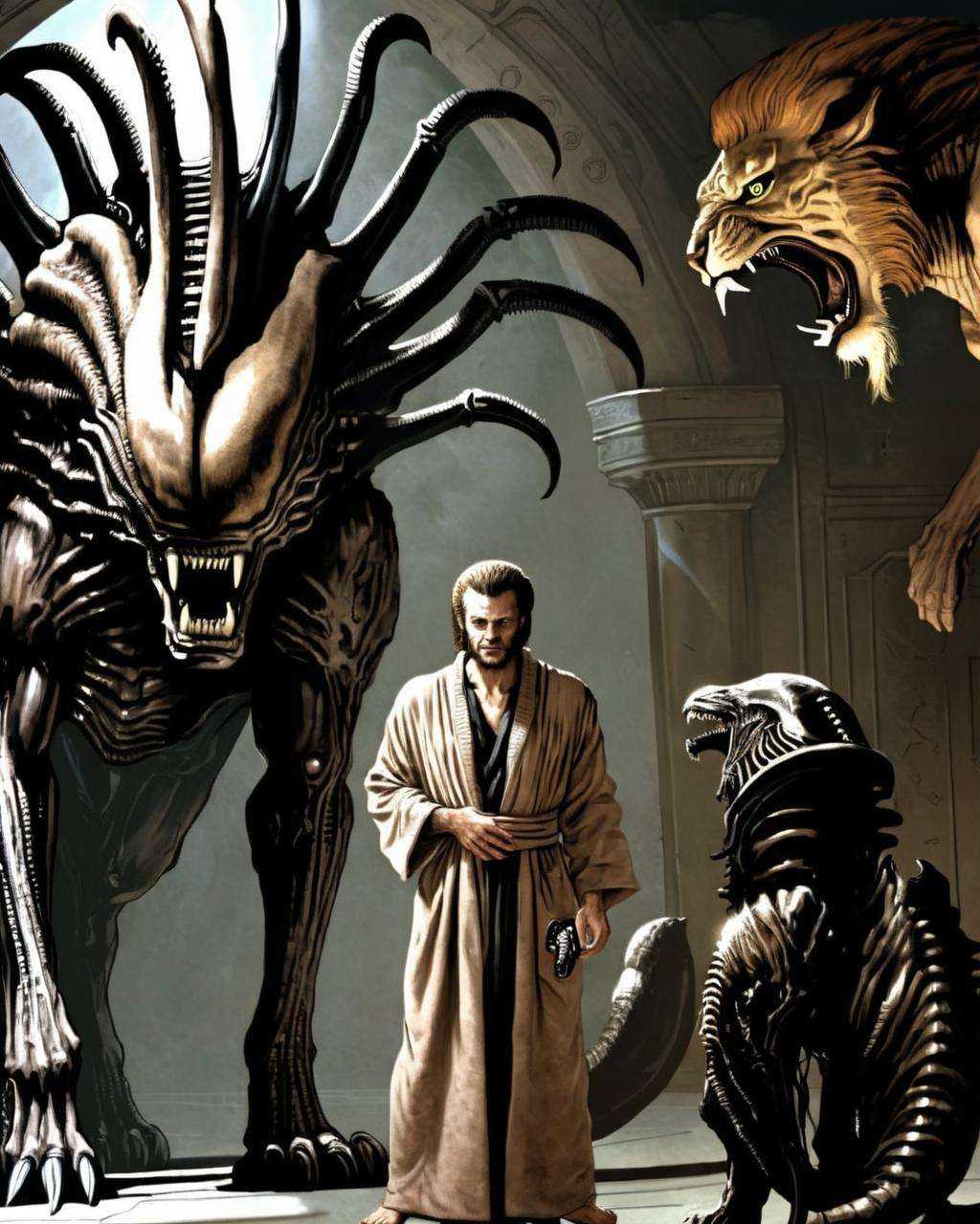 a man in a robe standing next to a lion ,  ((xenomorph)) on Tensor.Art