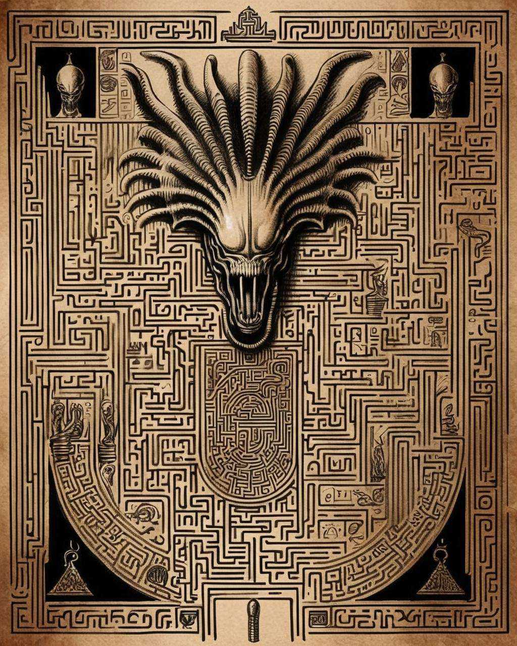 a drawing of a maze with a crown on top,  xenomorph esoteric,  xenomorph occult on Tensor.Art