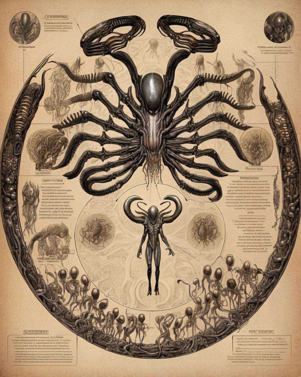 a man standing in front of a circle ,  Hive Society: An intricate illustration of a Xenomorph hive,  complete with Queen a...