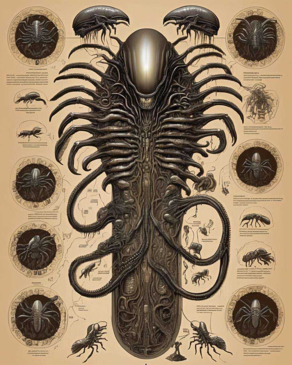 Hive Society: An intricate illustration of a Xenomorph hive,  complete with Queen and workers,  reveals the complex social...