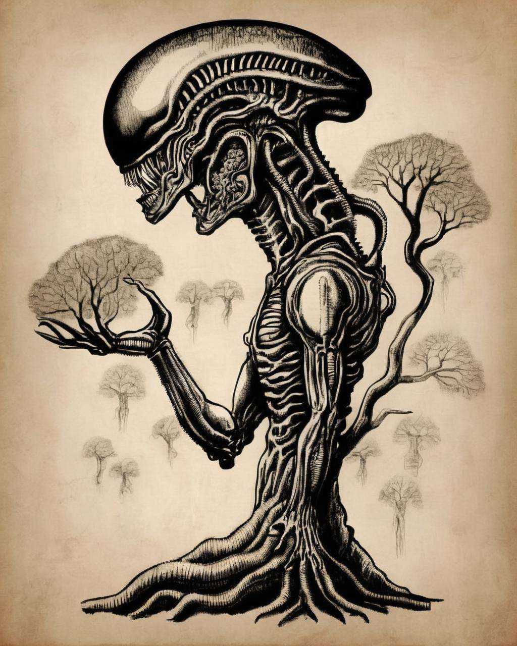 a drawing of a man with a brain and a tree ,  ((xenomorph)) on Tensor.Art