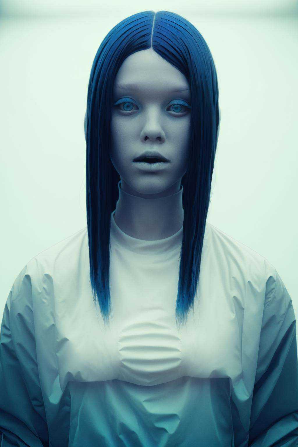 a woman with blue hair wearing a white jacket ,  beyond_the_black_rainbow on Tensor.Art
