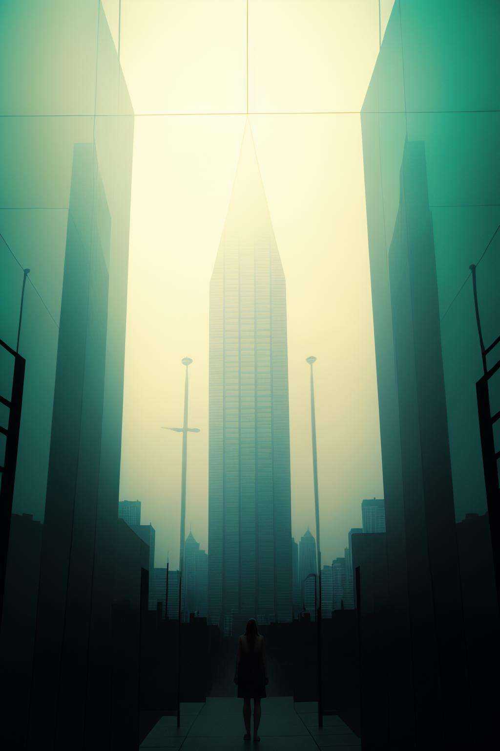Vertiginous skyline,  skyscrapers piercing the smoggy heavens,  electric cables snaking between structures like digital ve...