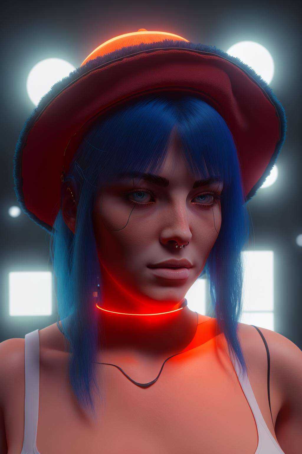 a woman with blue hair and a hat with a red light ,  cyb-3d-art on Tensor.Art