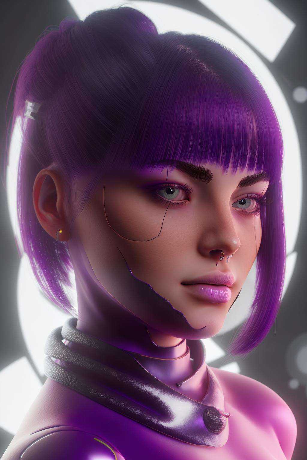 a woman with a futuristic make up and a purple hair ,  cyb-3d-art on Tensor.Art