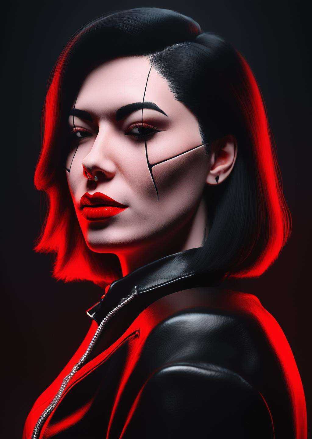 a woman with a black jacket and red lipstick ,  cyb-3d-art on Tensor.Art