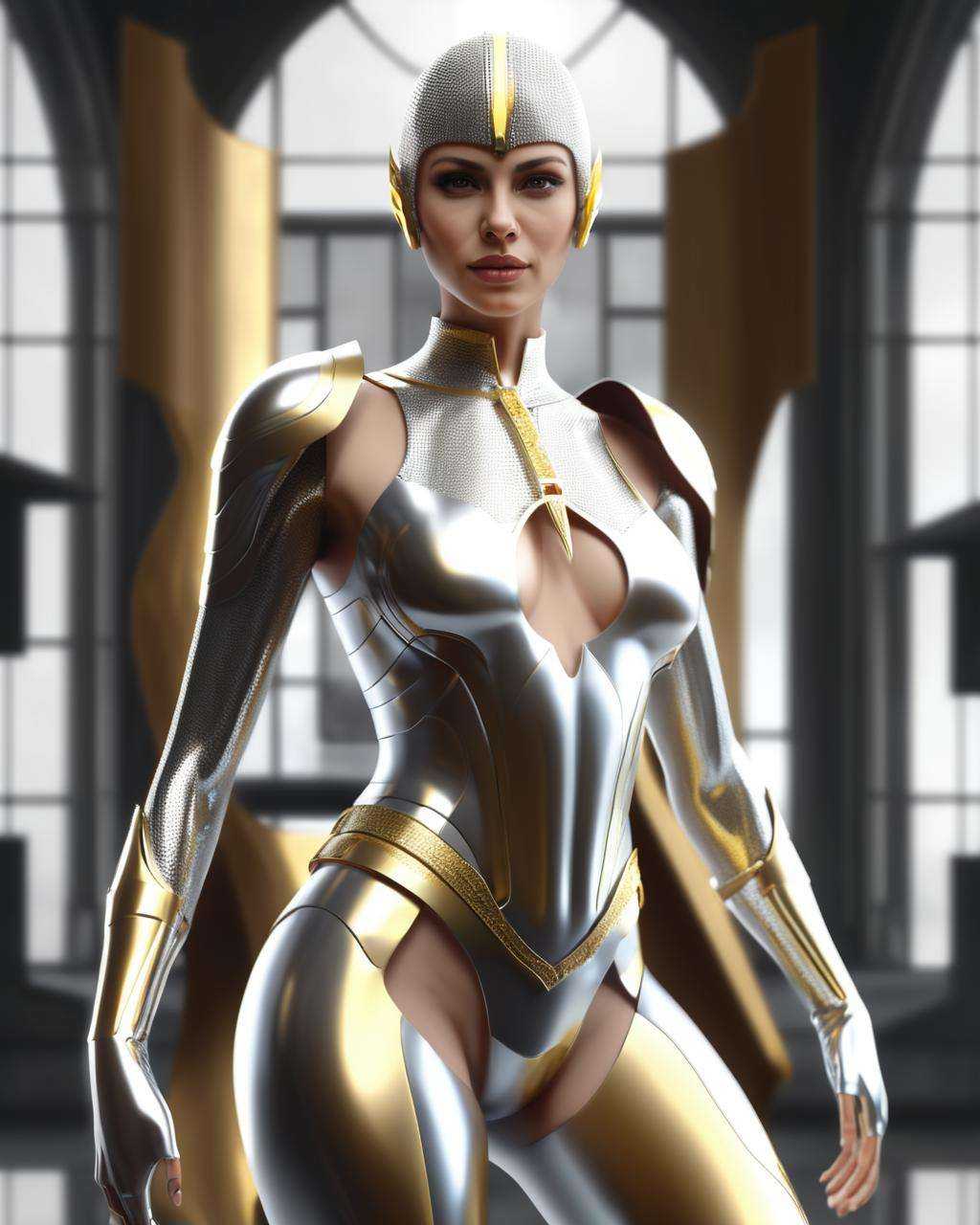 a woman in a silver and gold outfit ,  cyb-3d-art on Tensor.Art