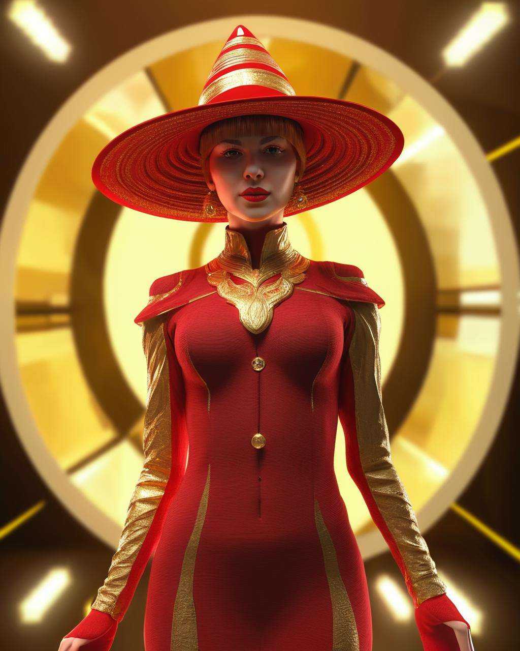 a woman in a red and gold outfit and a hat ,  cyb-3d-art on Tensor.Art