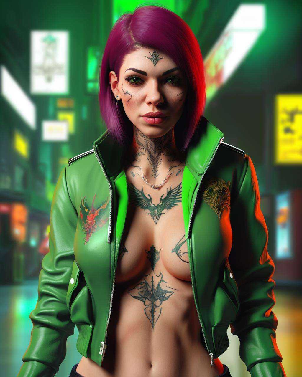 a woman with a tattoo on her chest and a green jacket ,  cyb-3d-art on Tensor.Art