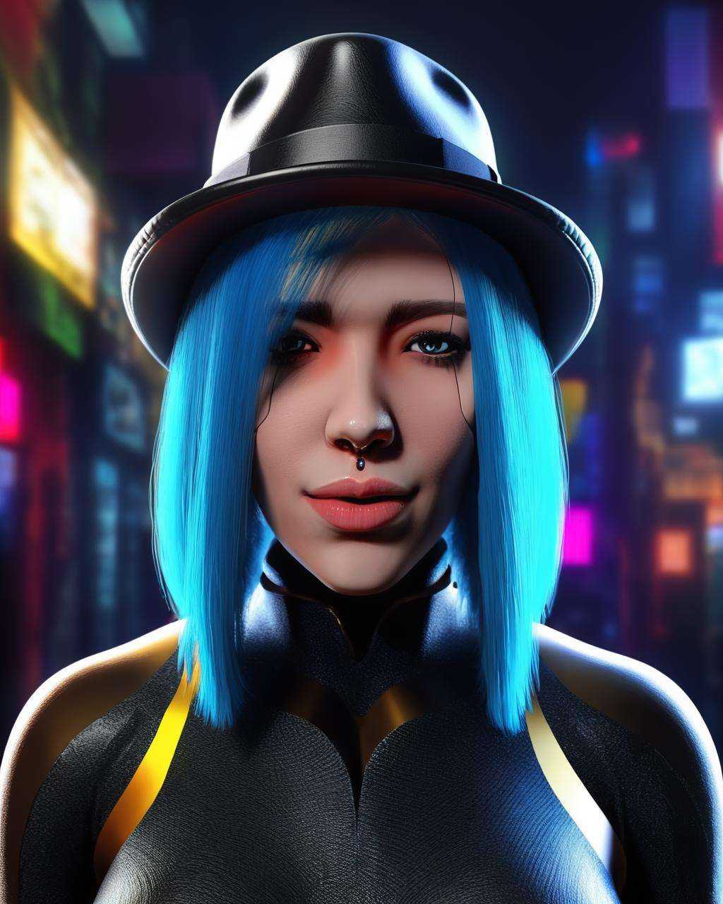 a woman with blue hair wearing a hat and a top ,  cyb-3d-art on Tensor.Art