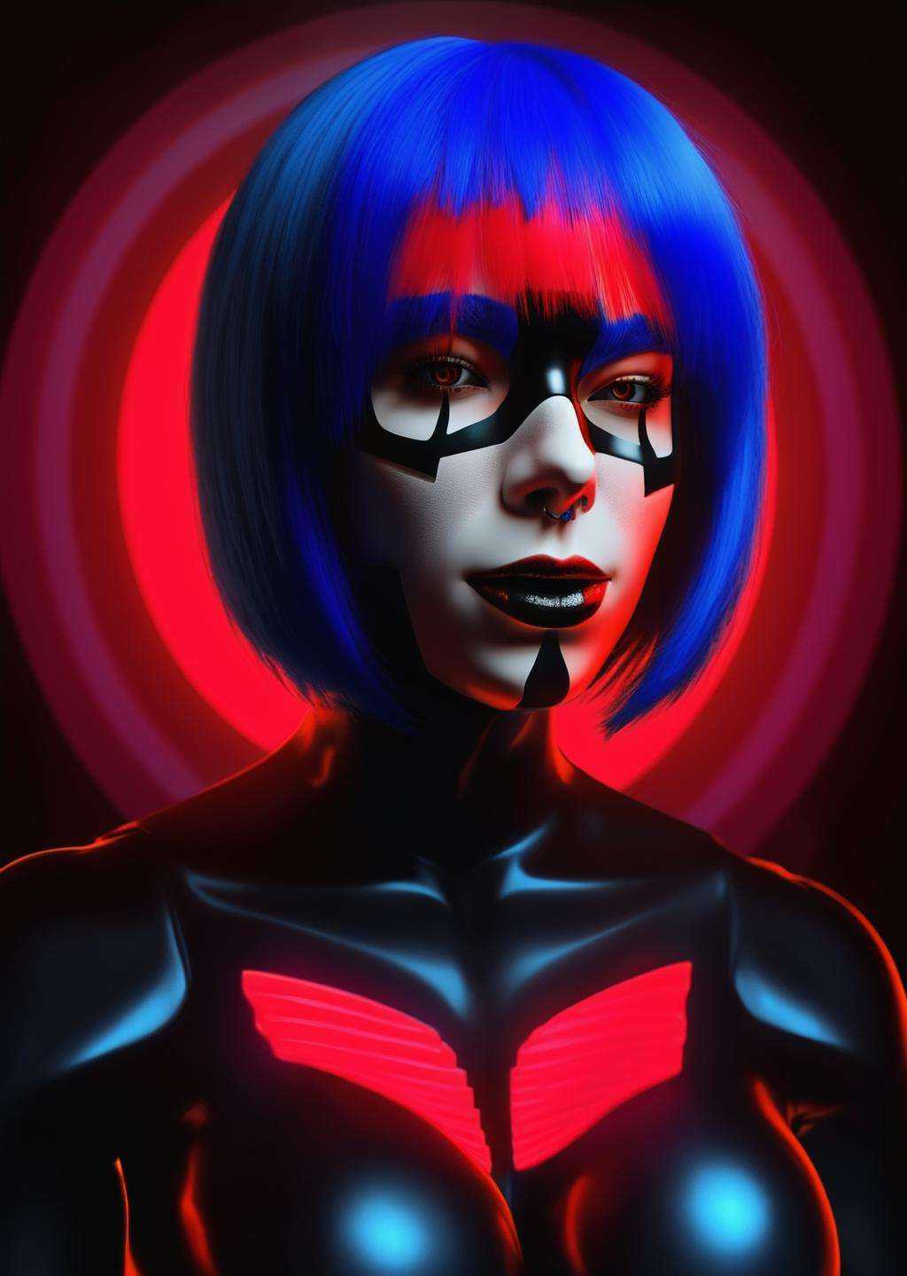 a woman with a blue wig and a black mask ,  cyb-3d-art on Tensor.Art