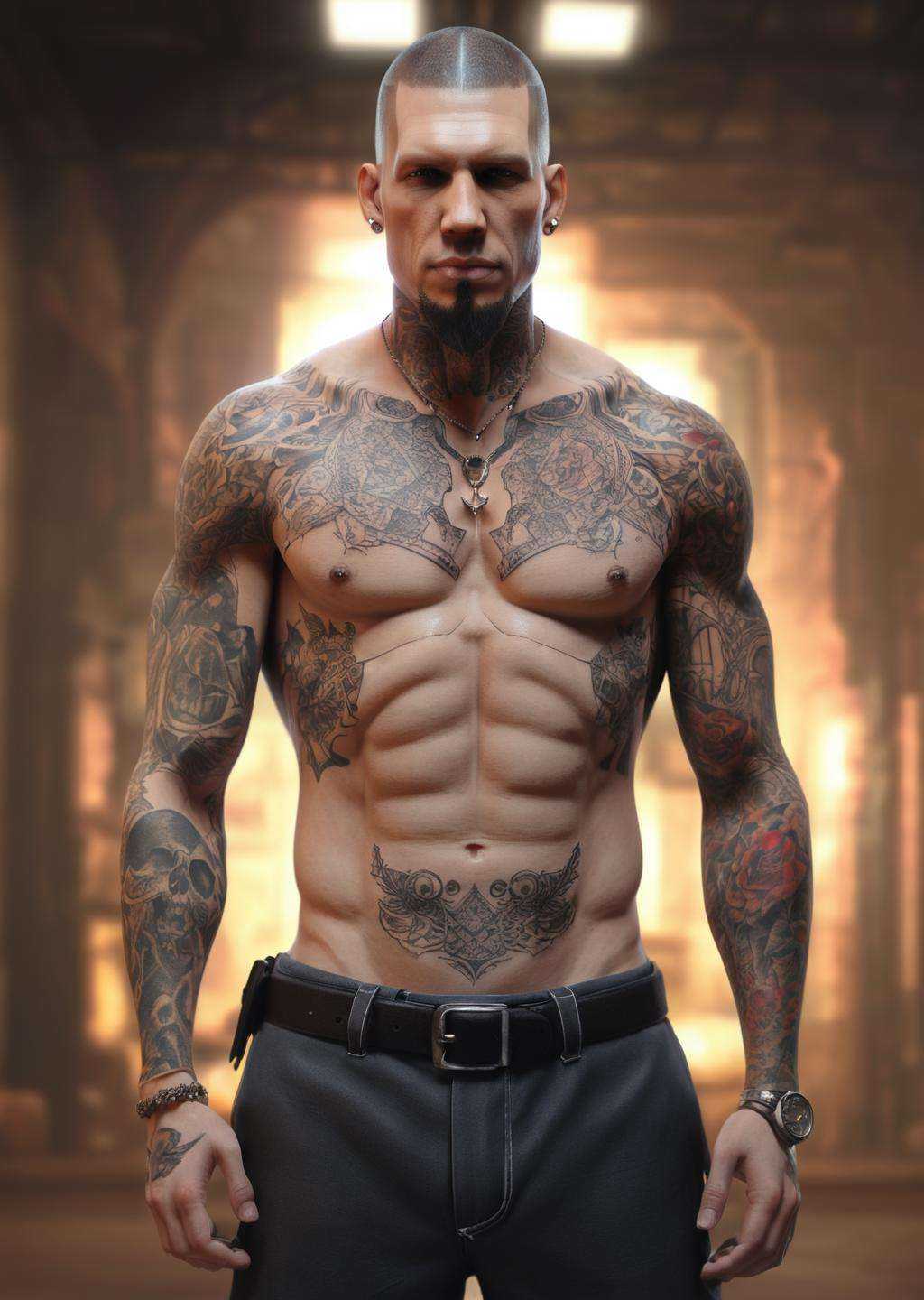 a man with tattoos on his chest and arms ,  cyb-3d-art on Tensor.Art
