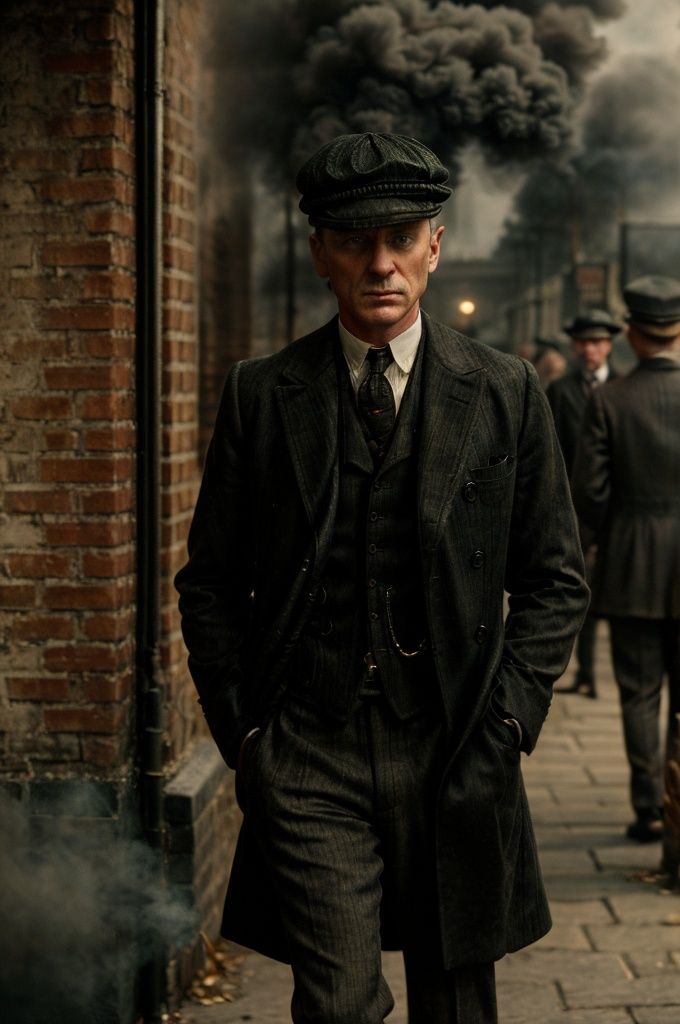 color photo of "Peaky Blinders" A gritty portrait of the Shelby family,  their faces masked by shadows,  showcasing their...