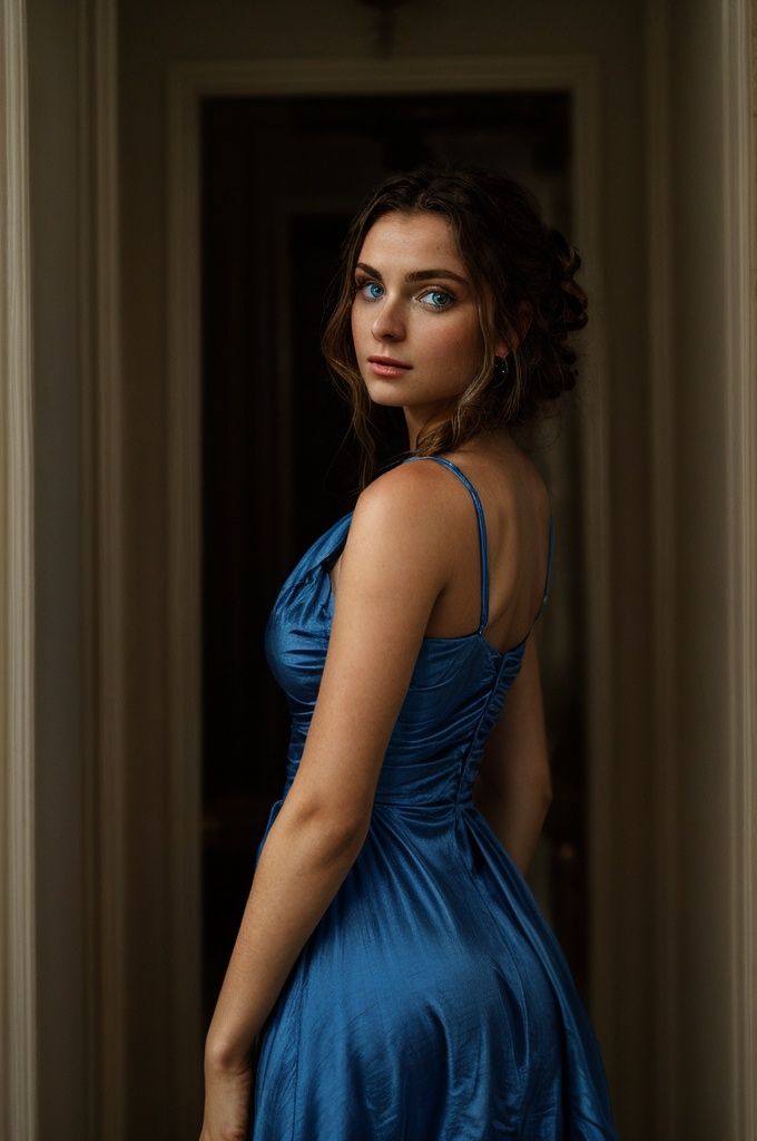 masterpiece,  a cinematic photograph of a beautiful woman wearing a blue dress,  beautiful eyes on Tensor.Art
