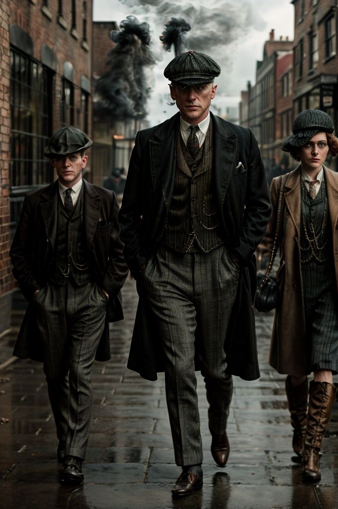 color photo of "Peaky Blinders" A gritty portrait of the Shelby family,  their faces masked by shadows,  showcasing their...