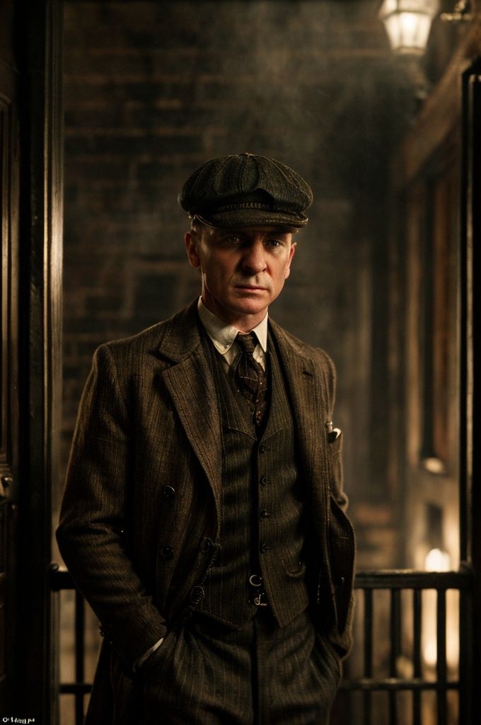 color photo of "Peaky Blinders" A gritty portrait of the Shelby family,  their faces masked by shadows,  showcasing their...