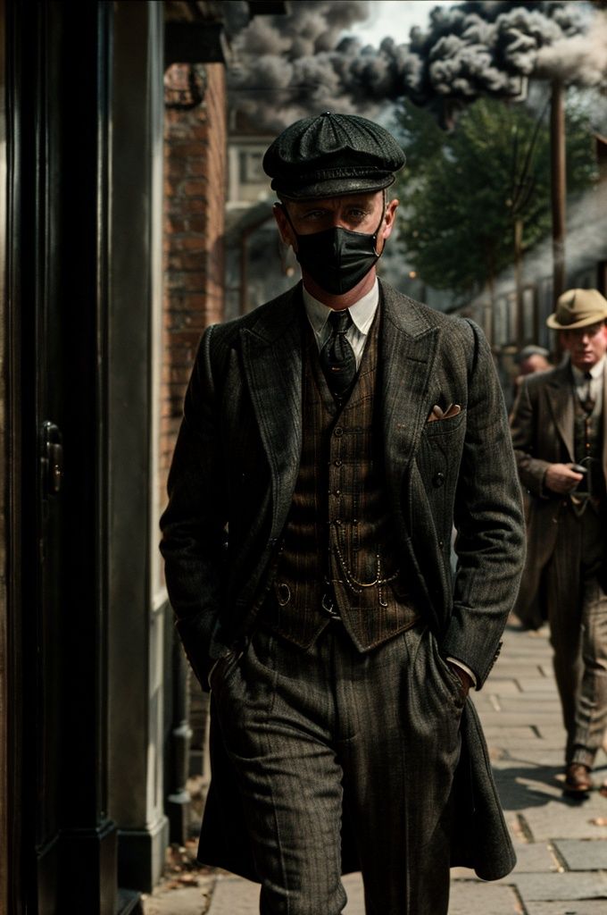 color photo of "Peaky Blinders" A gritty portrait of the Shelby family,  their faces masked by shadows,  showcasing their...