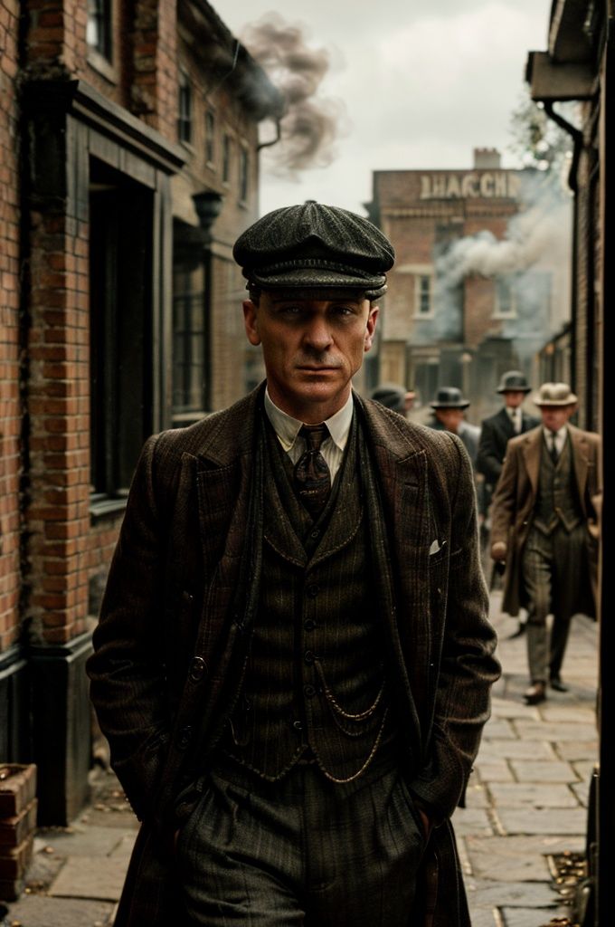 color photo of "Peaky Blinders" A gritty portrait of the Shelby family,  their faces masked by shadows,  showcasing their...