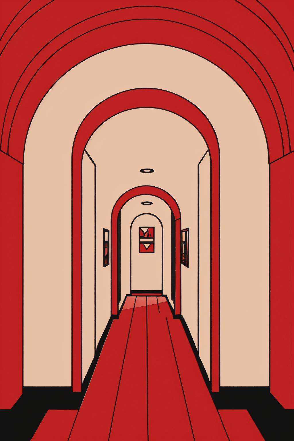 a red hallway with arched windows and a red floor ,  indoors,  no humans on Tensor.Art