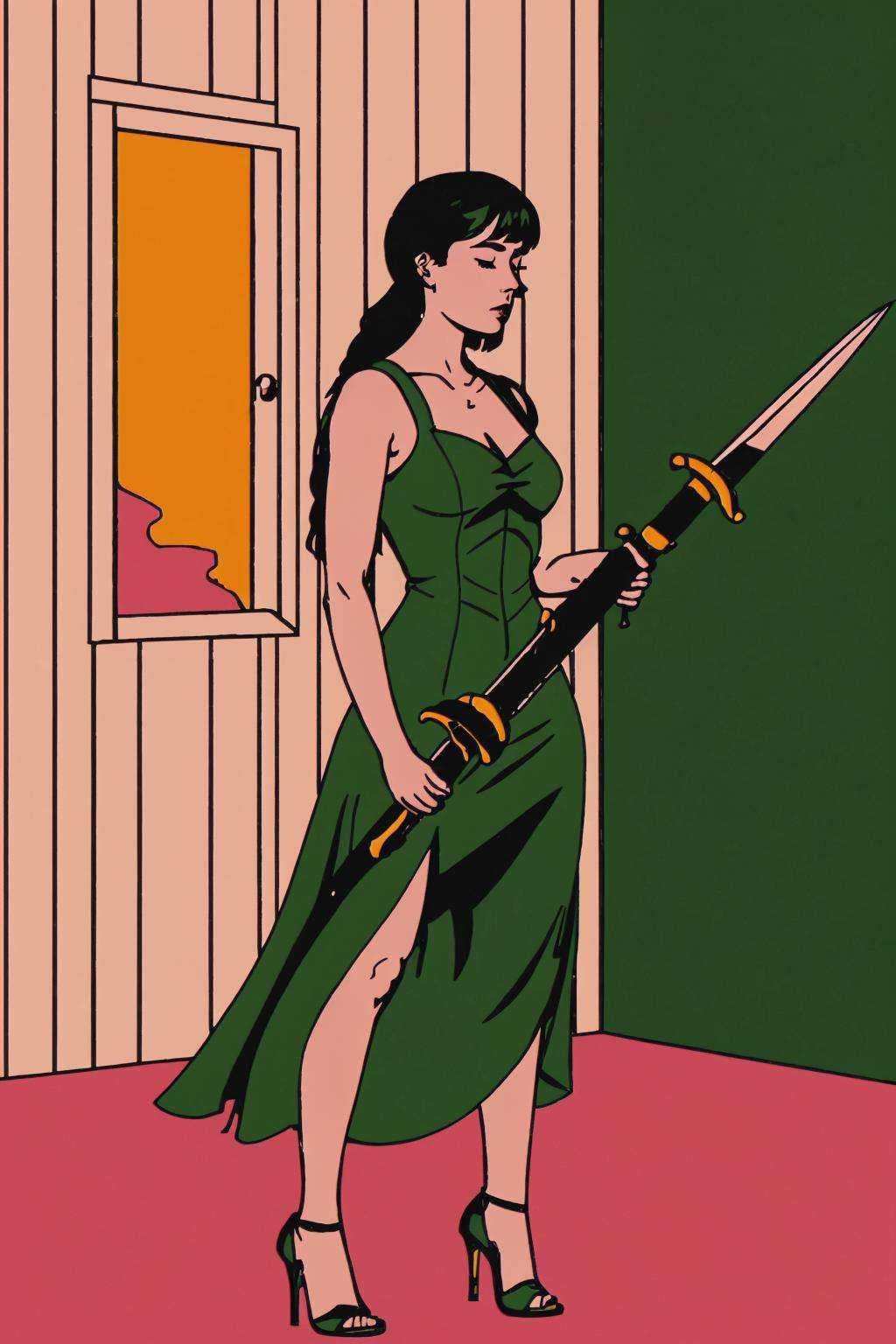 a woman in a dress holding a green sword ,  1girl,  solo on Tensor.Art