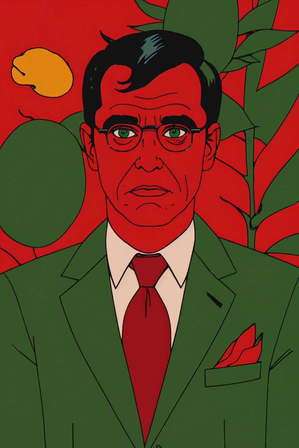 a man in a suit and tie standing in front of a plant with red leaves on it and a green background,  Benjamin Marra,  david...